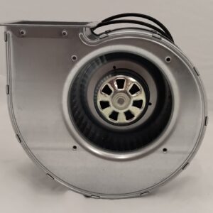 Metal centrifugal fan housing with visible impeller wheel and rectangular air outlet on the top right.