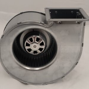 Metal centrifugal fan housing with visible impeller wheel and rectangular air outlet on the top right.